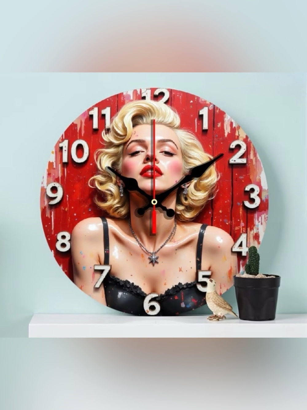 Retro Marilyn Monroe Glam Round Wall Clock - Red Background, Blonde Figure